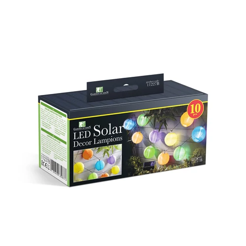 Szolár lampion fényfüzér - 10 db színes lampion, hidegfehér LED - 3,7 m