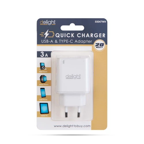 Hálózati USB-A és USB Type-C aljzat - gyorstöltő PD20W 5V 3A adapter