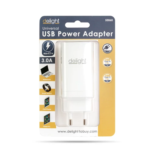Hálózati USB-A és dupla USB Type-C aljzat - gyorstöltő PD45W 5V 3A adapter