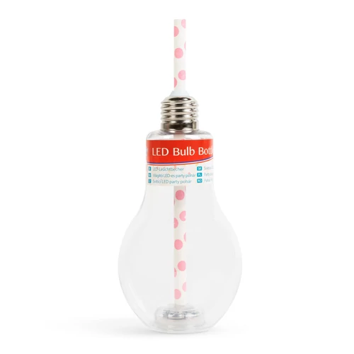 Világító LED-es party pohár - papír szívószállal  - izzókörte, átlátszó - 400 ml
