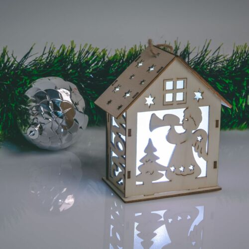 Karácsonyi LED dekor házikó - hidegfehér - fa - 6 féle