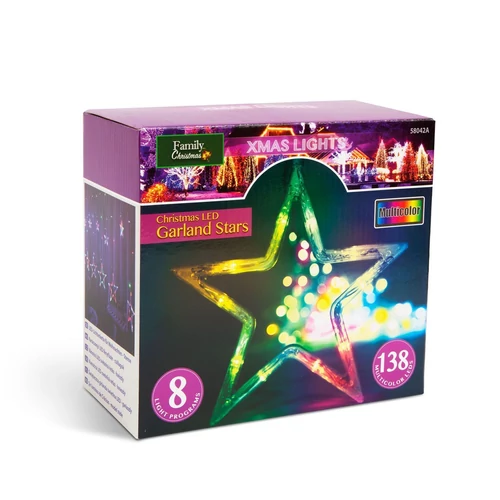 Karácsonyi LED fényfüzér - csillagok - multicolor - 6 nagy, 6 kicsi - 3 x 1 m
