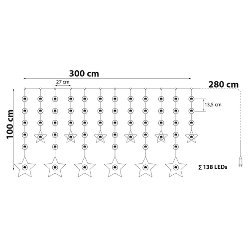 Karácsonyi LED fényfüzér - csillagok - multicolor - 6 nagy, 6 kicsi - 3 x 1 m